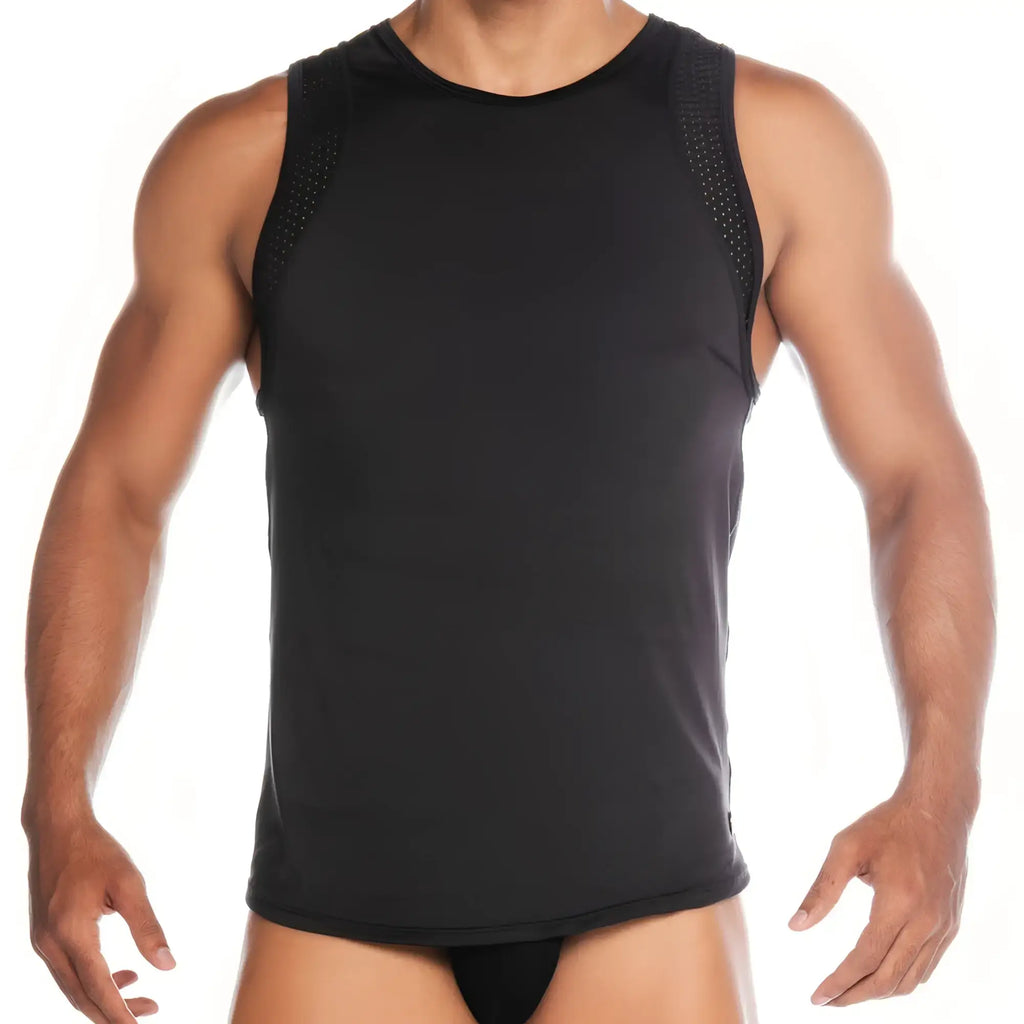 Black athletic tank top gigo stretch with mesh shoulder panels for breathable performance wear