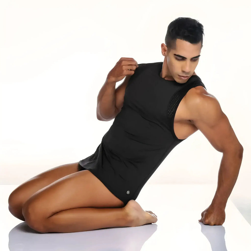 Gigo stretch black tank sleeveless athletic top with mesh paneling on the shoulder for workout wear
