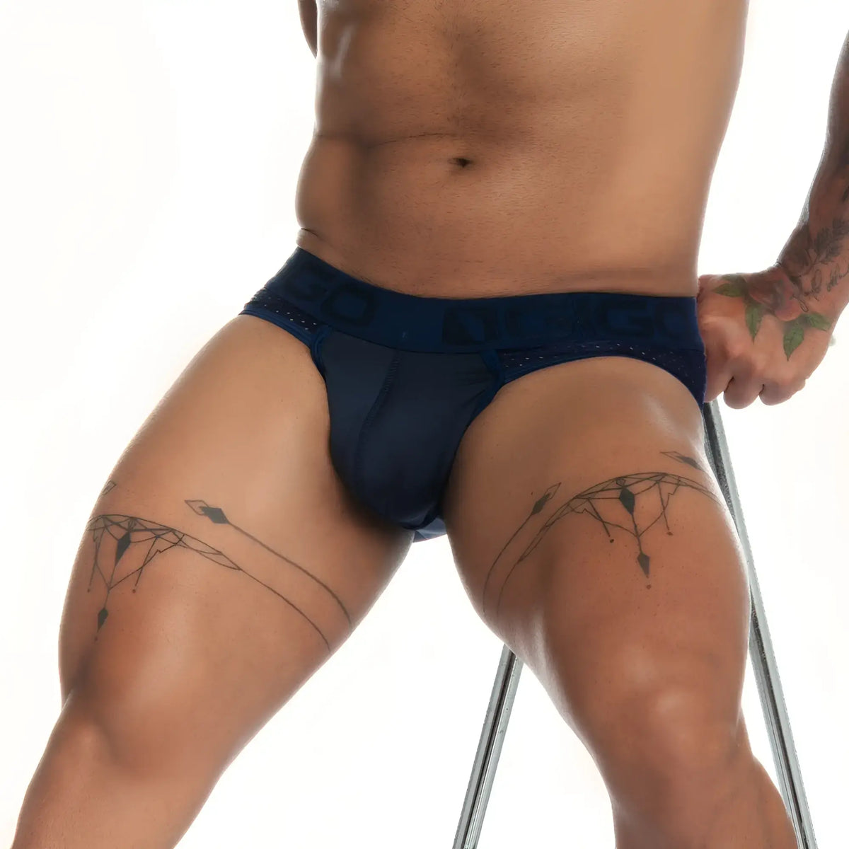 Navy blue gigo stretch brief with breathable mesh fabric and subtle textured waistband for comfortable wear