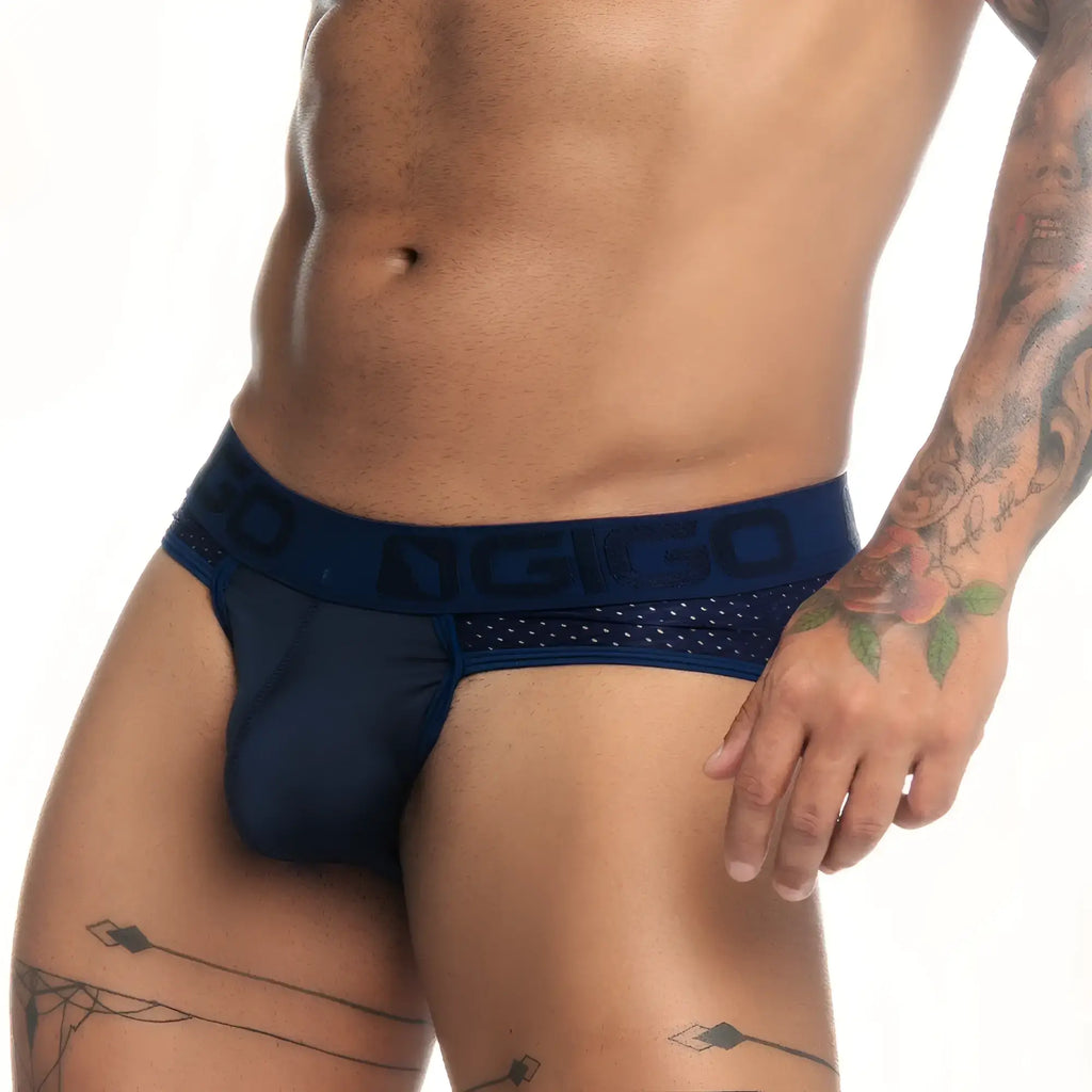 Navy blue mesh briefs with a solid waistband featuring gigo branding in bold lettering for comfortable wear