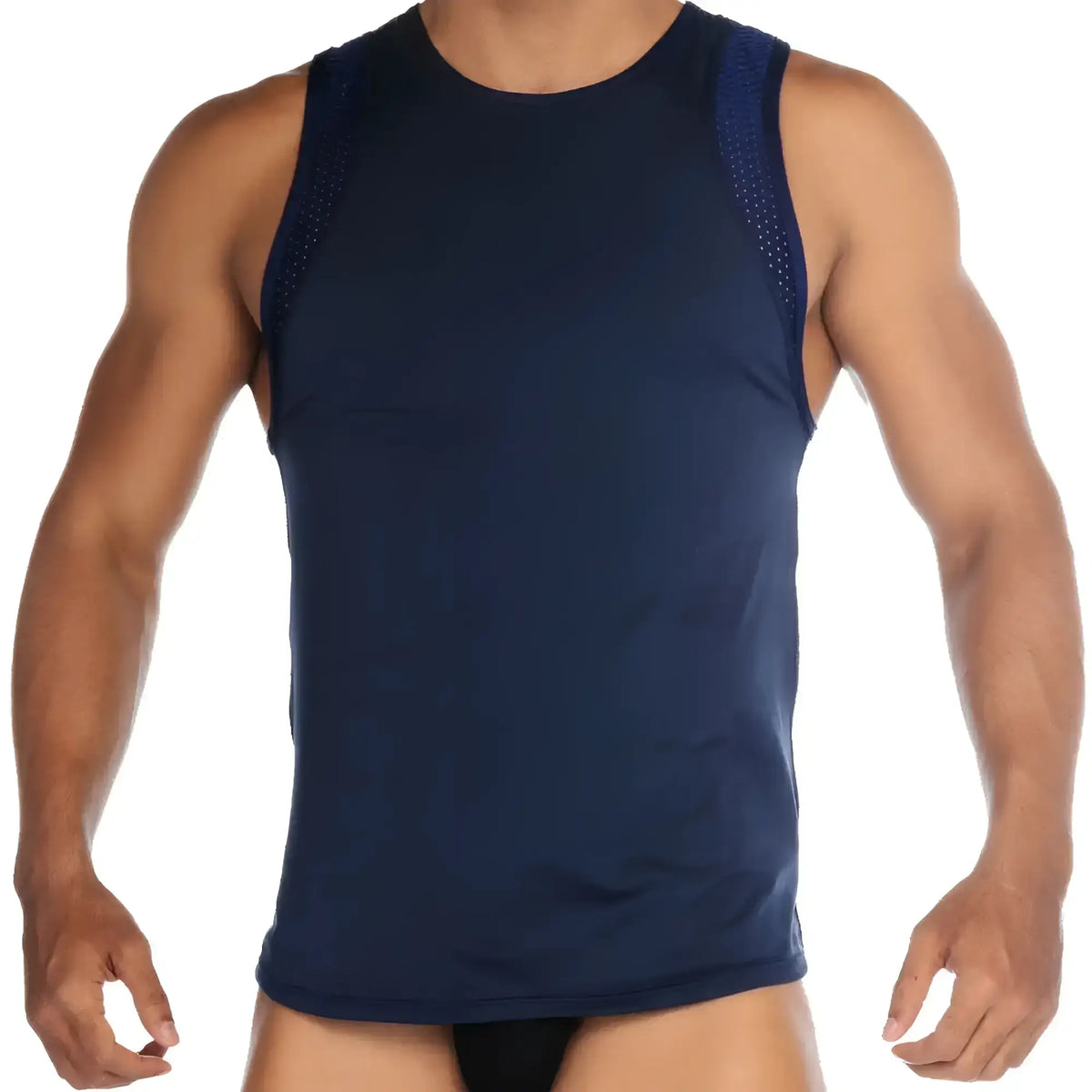 Navy blue gigo stretch tank top with breathable mesh paneling on shoulders for athletic wear