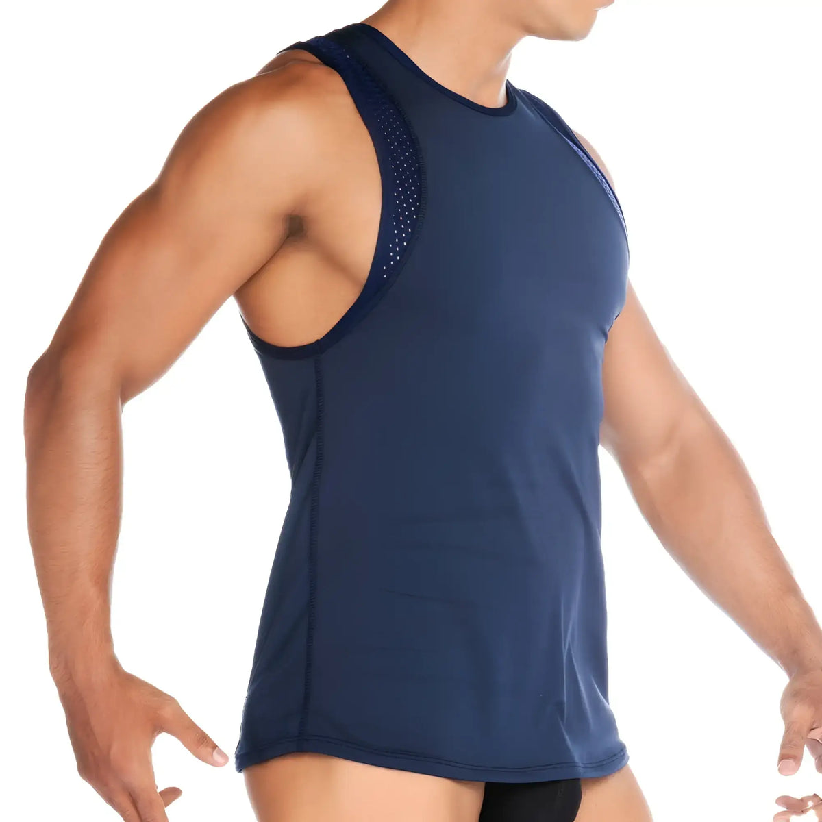 Navy blue gigo stretch athletic tank top with mesh paneling on the sides for breathable workout wear