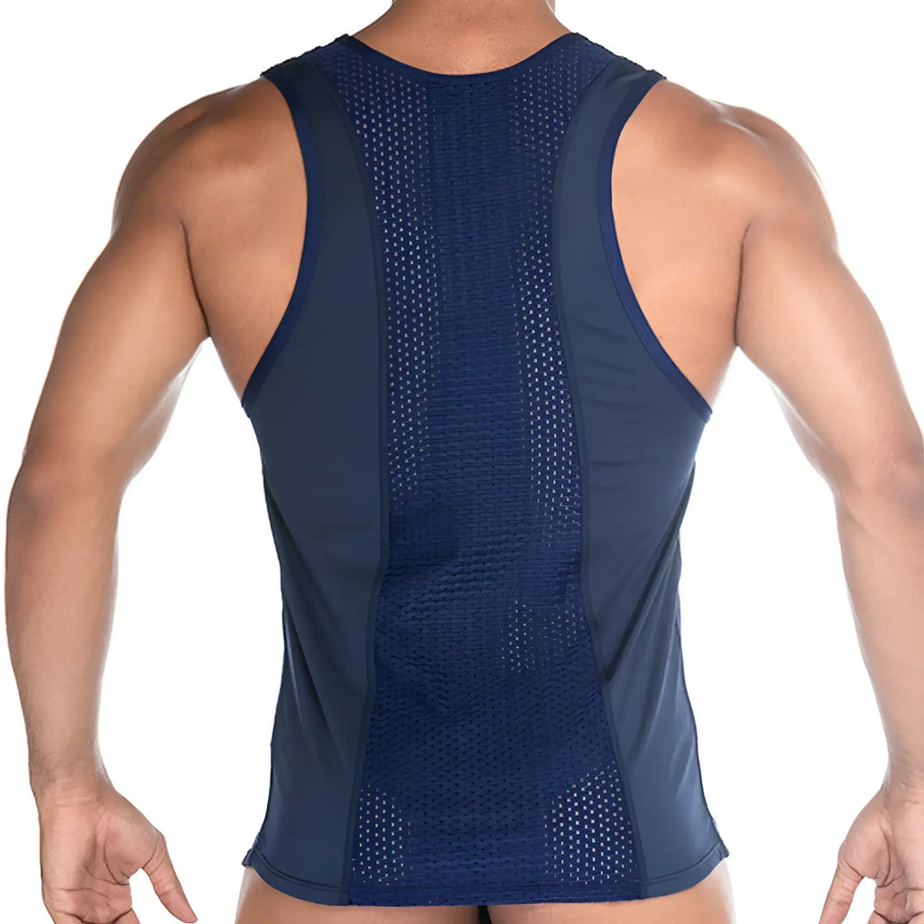 Navy blue gigo stretch blue tank athletic tank top with mesh back panel and solid fabric sides for workout use