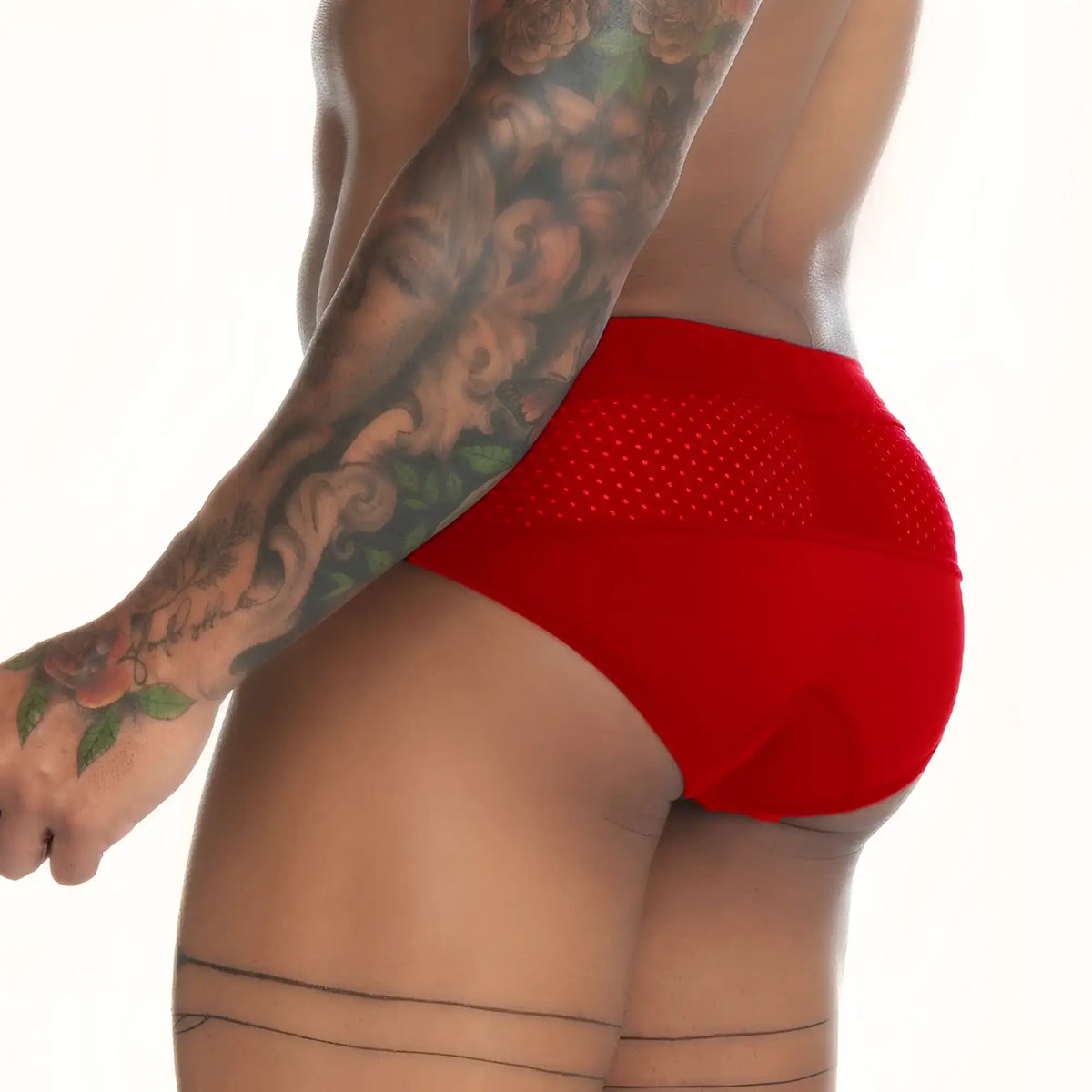 Gigo stretch red brief featuring red mesh with a solid red panel and perforated side detailing