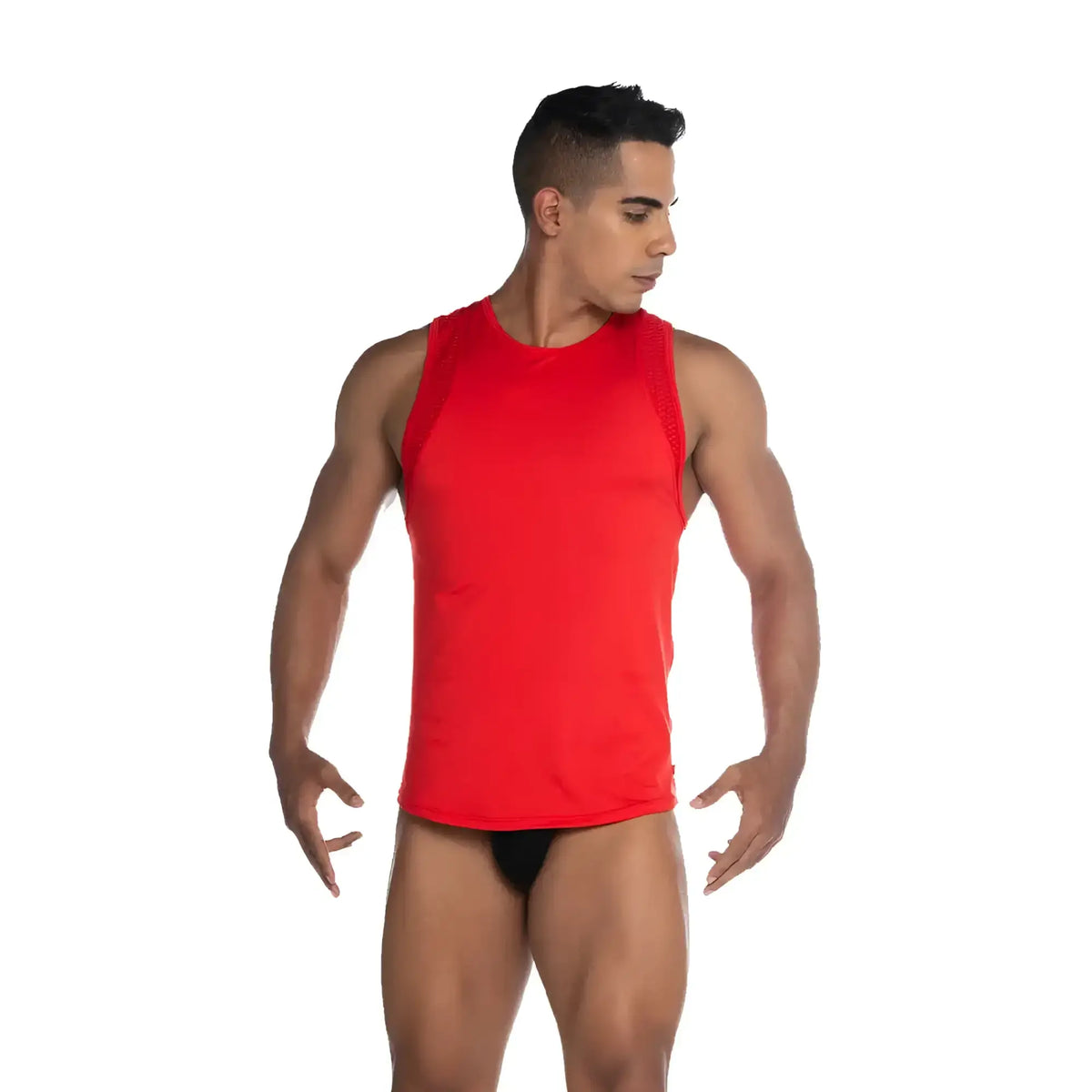 Red sleeveless athletic tank top gigo stretch with textured shoulder panels for activewear use