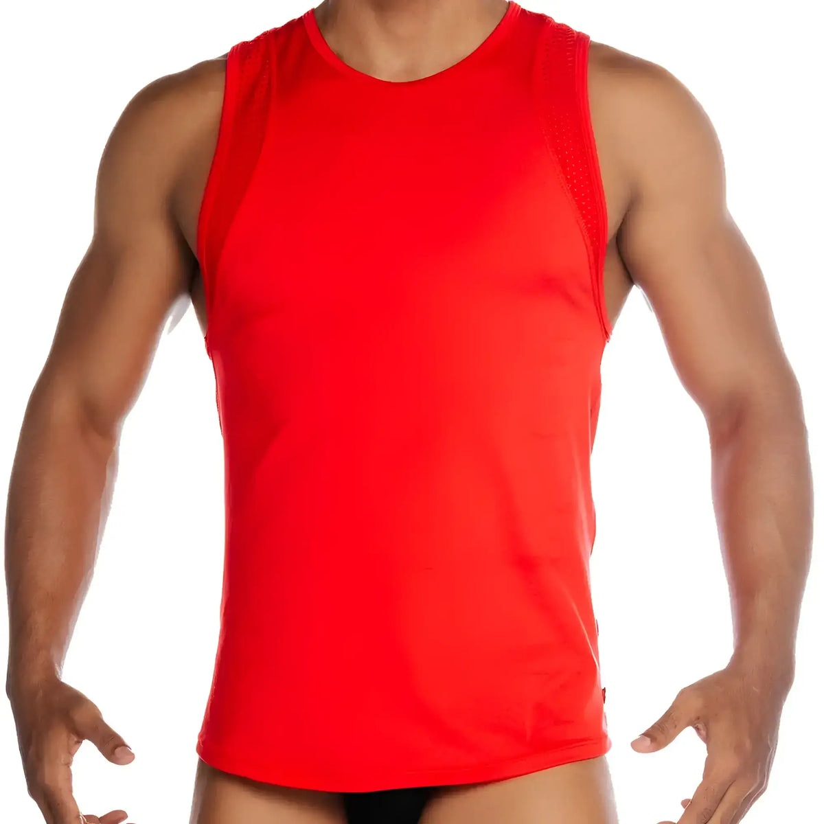 Vibrant red gigo stretch sleeveless athletic tank top with breathable mesh detailing along the shoulders