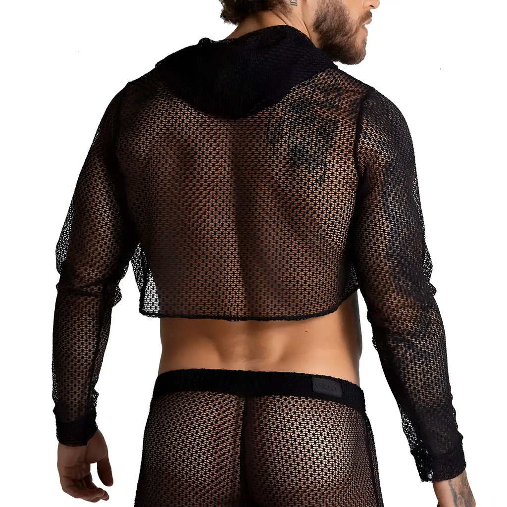 Black mesh hooded crop top gigo striking croop top with tight see-through pattern and breathable fabric