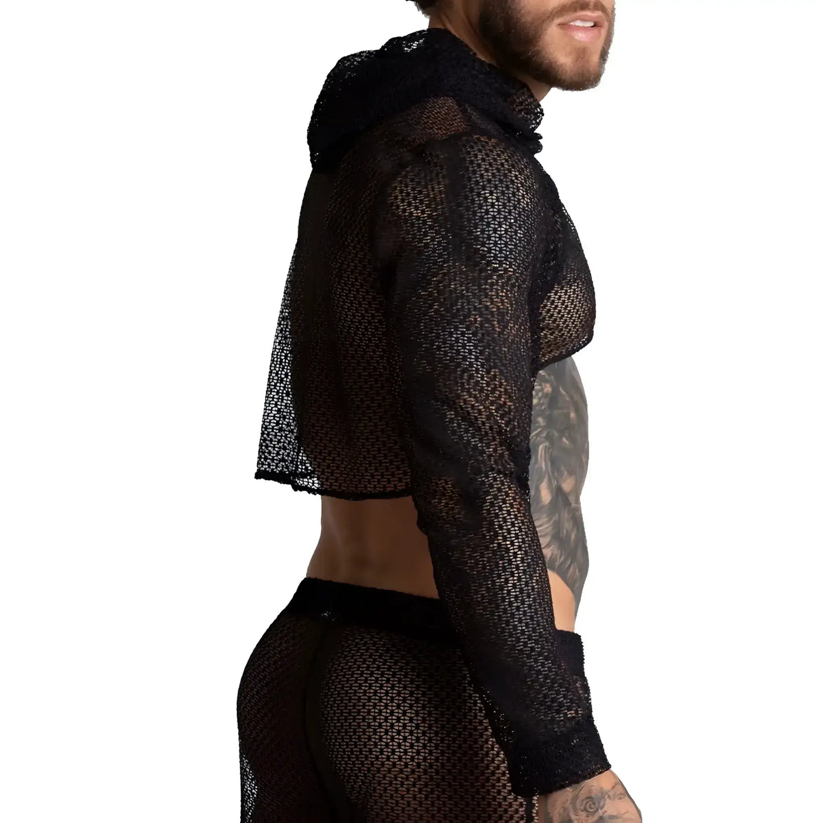 Black mesh hooded crop top with sheer textured fabric and long sleeves from Gigo Striking Croop Top collection