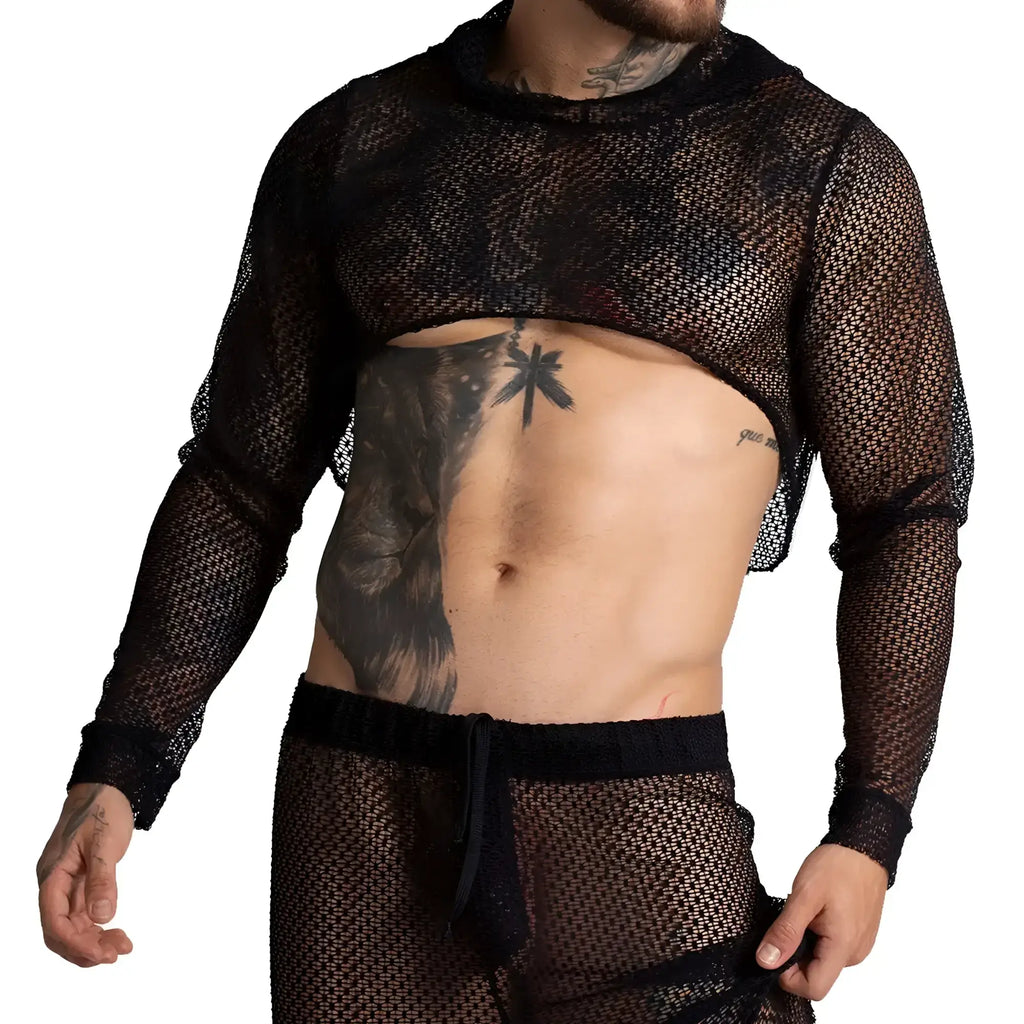 Gigo striking crop top black mesh long-sleeved with hood and solid black trim at cuffs
