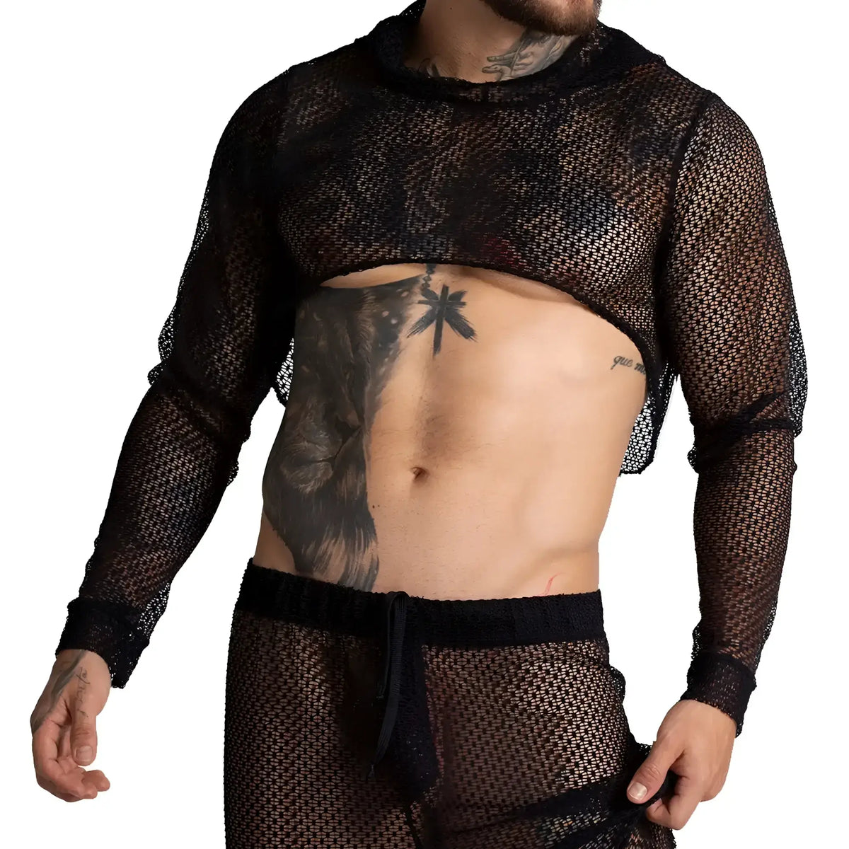Gigo striking crop top black mesh long-sleeved with hood and solid black trim at cuffs