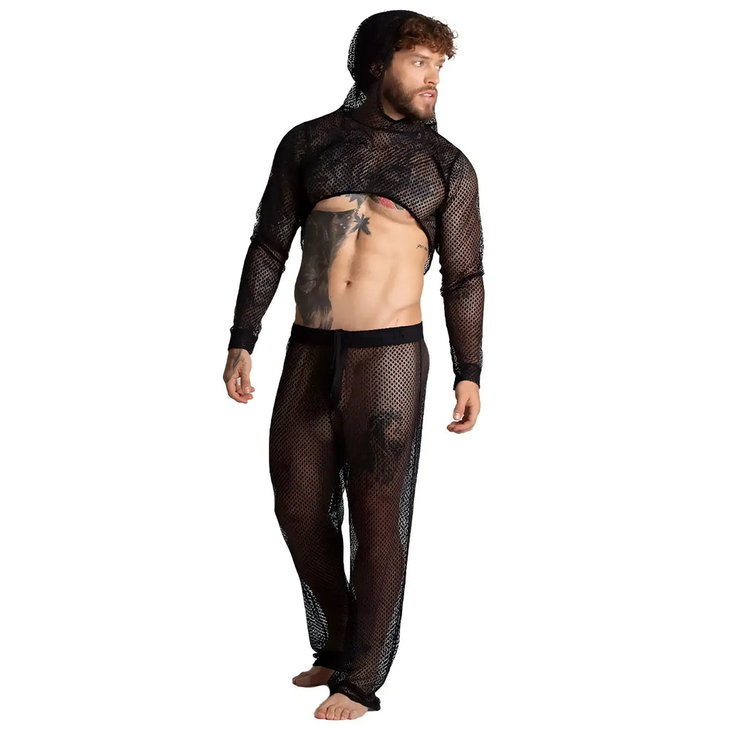 Black mesh two-piece outfit with hooded striking crop top and matching pants for stylish casual wear