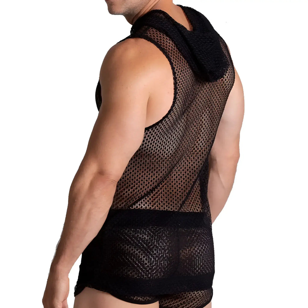 Black mesh hooded tank top gigo striking hoody tshirt with snug fit and reinforced waistband