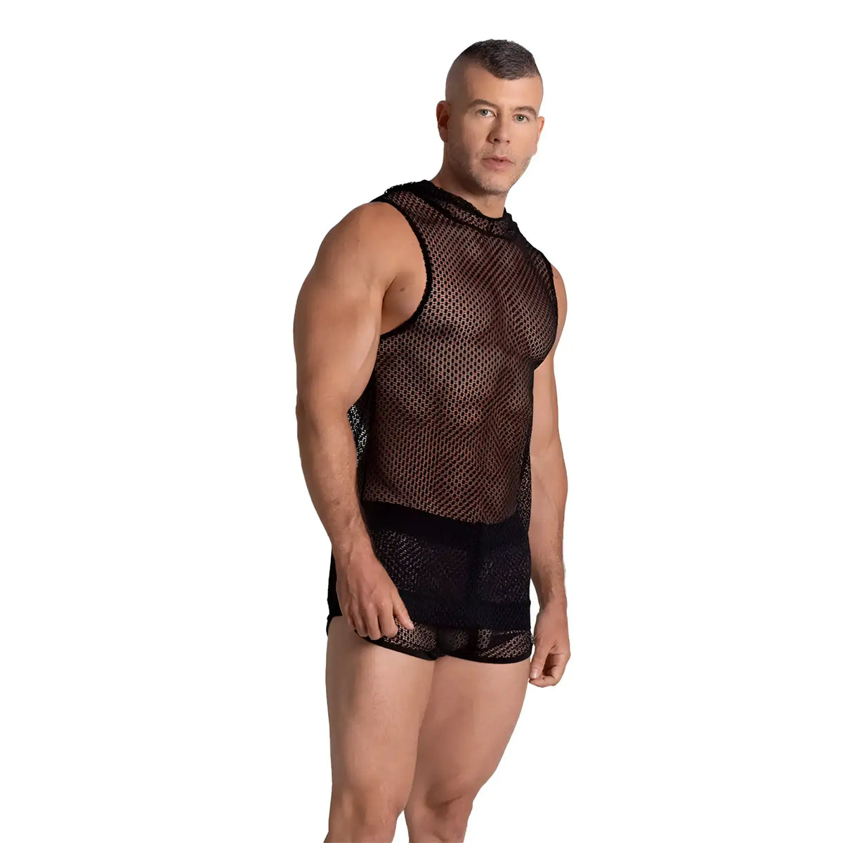 Black mesh sleeveless gigo striking hoody tshirt with high neckline and solid black trim along waistband