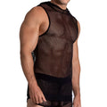 Black mesh sleeveless gigo striking hoody tshirt with high neckline and solid black trim along edges