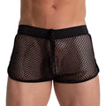 Black mesh briefs with a solid black elastic waistband and drawstring from the Gigo striking hotshort collection