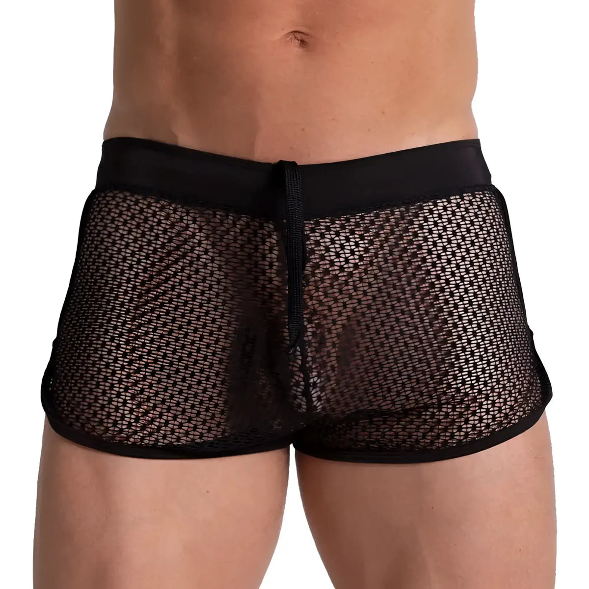 Black mesh briefs with a solid black elastic waistband and drawstring from the Gigo striking hotshort collection