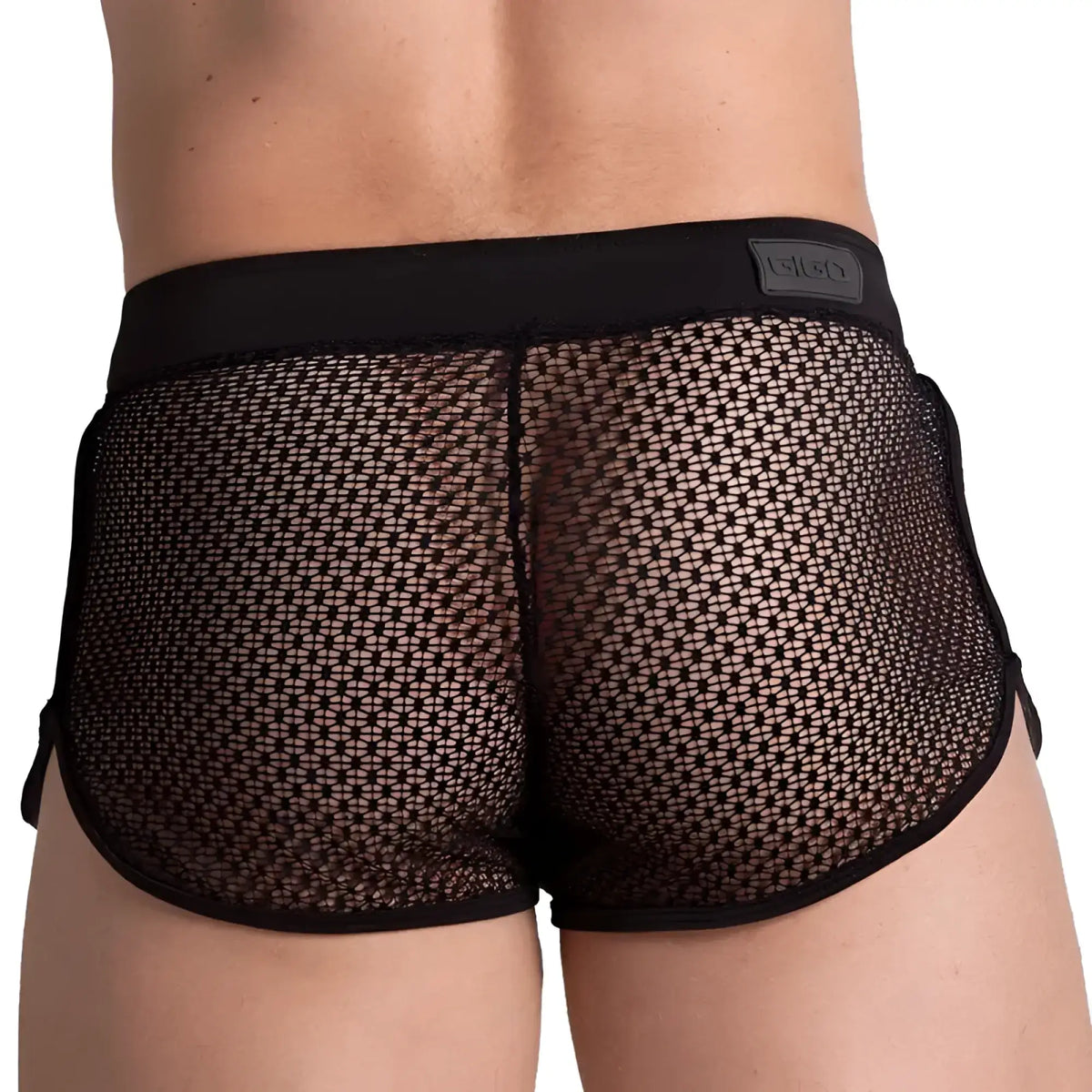 Black mesh gigo striking hotshort briefs with solid waistband and intricate star-like pattern on sides