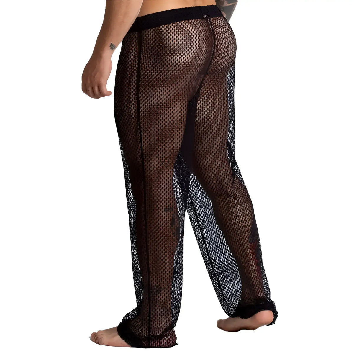 Black mesh swim trunks with solid black waistband and cuffs from gigo striking pants collection