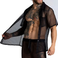 Black mesh gigo striking shirt with button-front design and short sleeves for casual wear