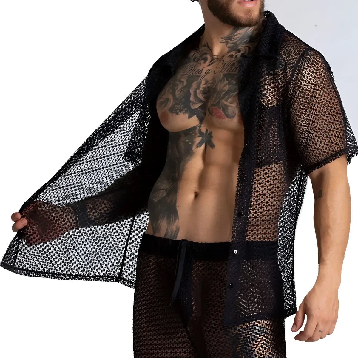 Black mesh gigo striking shirt with button-front design and short sleeves for casual wear