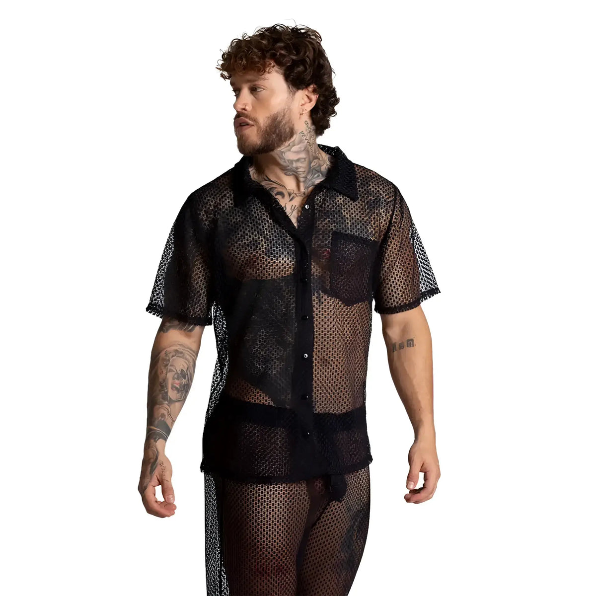 Black mesh short-sleeved button-down shirt with lace detailing from the Gigo Striking Shirt collection