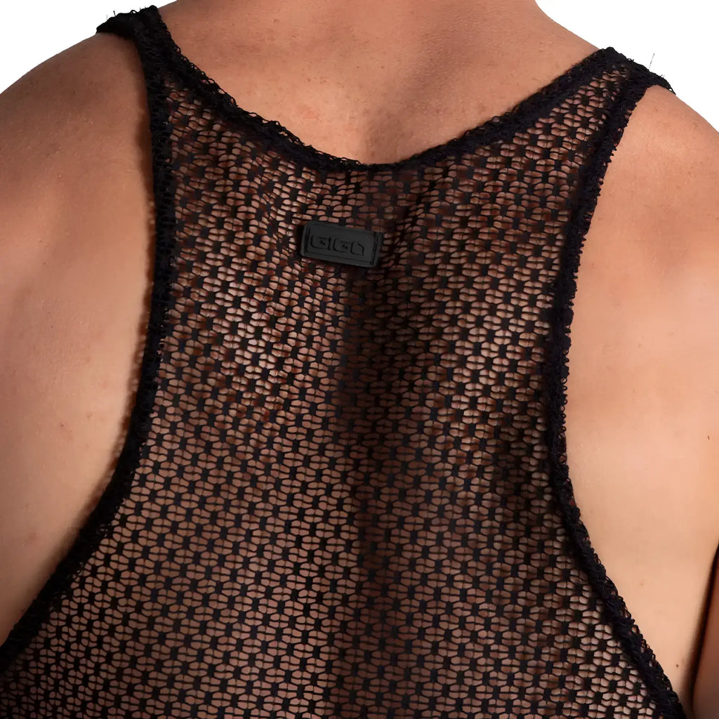 Black mesh tank top gigo striking tank with textured open knit pattern and reinforced shoulder straps