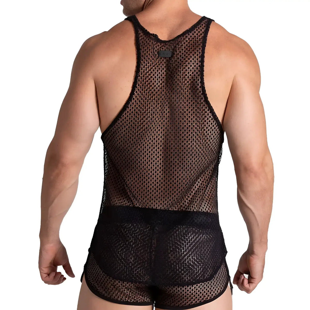Black mesh gigo striking tank top with sheer patterned design and solid black trim on front side
