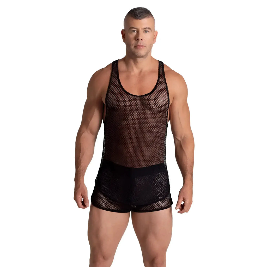 Black mesh tank top and matching shorts set gigo striking tank featuring breathable fabric for activewear use