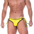 Bright yellow gigo strip swim brief with black trim and side ties designed for comfortable swimming use