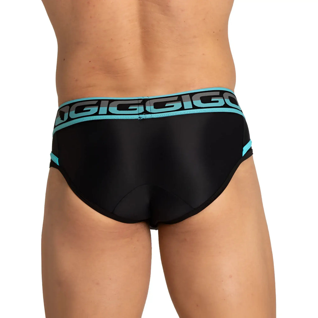 Black briefs with a teal and gray giggigo logo band featuring a comfortable style perfect for everyday wear