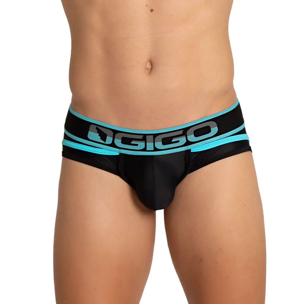 Black dgigo style brief jock with teal and gray logo band designed for comfortable athletic support