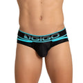 Black dgigo style brief jock with teal and gray logo band designed for comfortable athletic support