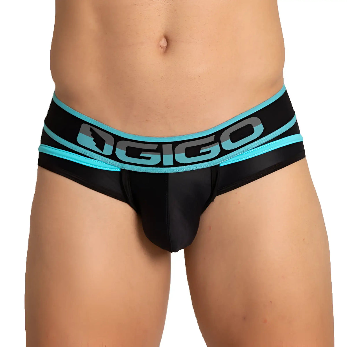 Black ogigo menÃ¢â‚¬â„¢s briefs with teal and gray branding on waistband designed for comfort and style