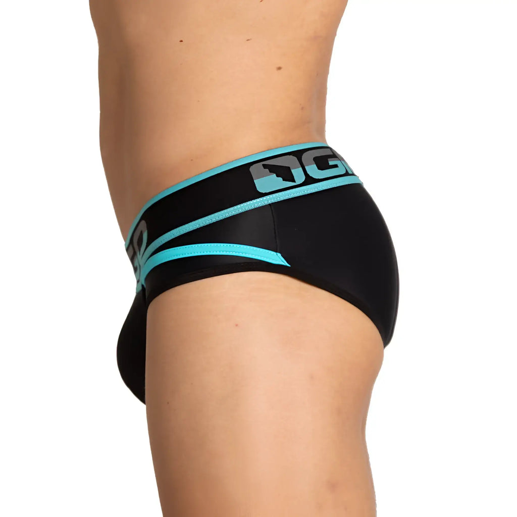 Black briefs with teal and gray accents featuring a bold og logo on the waistband gigo style black brief