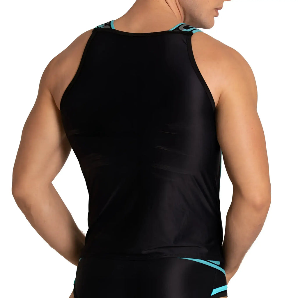 Black athletic tank top with teal trim along neckline and waistband from Gigo Style perfect for workouts and casual wear