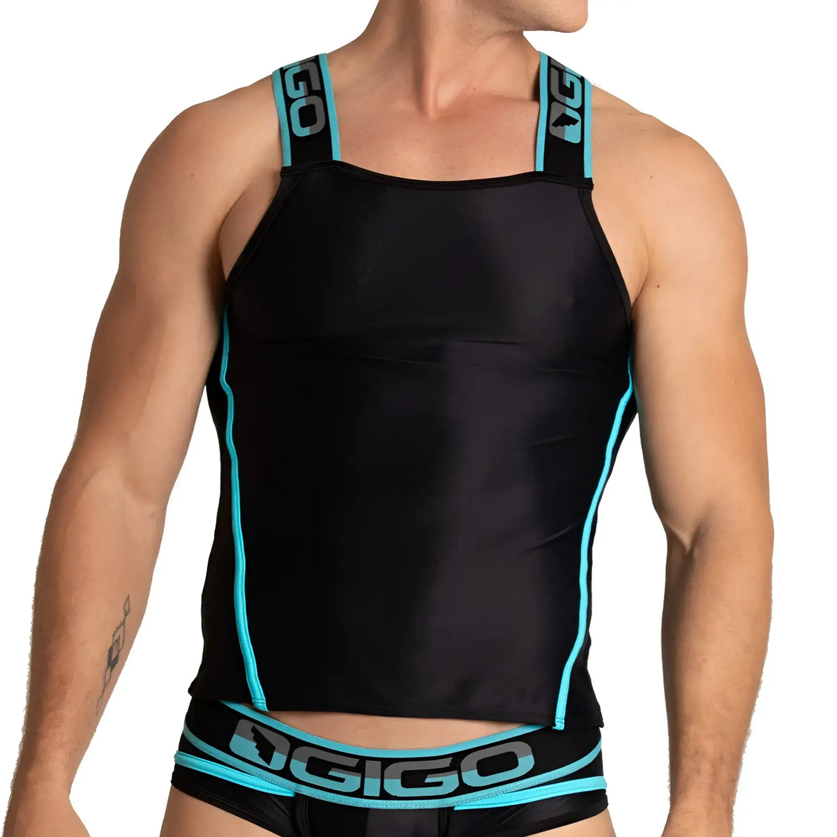 Black gigo style tank top with teal trim and logo accents made of breathable fabric for active wear