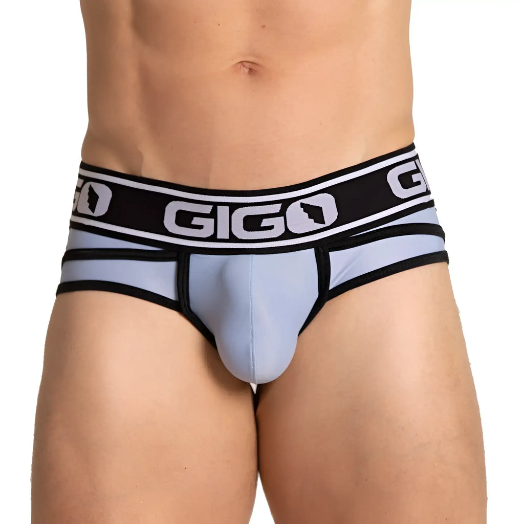 Light blue gigo style briefs with black trim and bold logo band designed for comfortable support