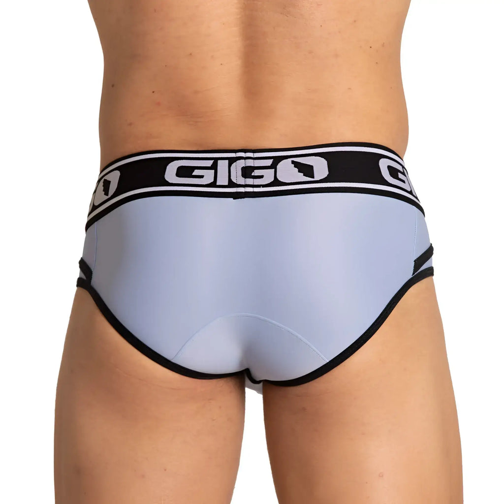 Light blue gigo style briefs with black trim and a bold logo waistband for comfortable everyday wear
