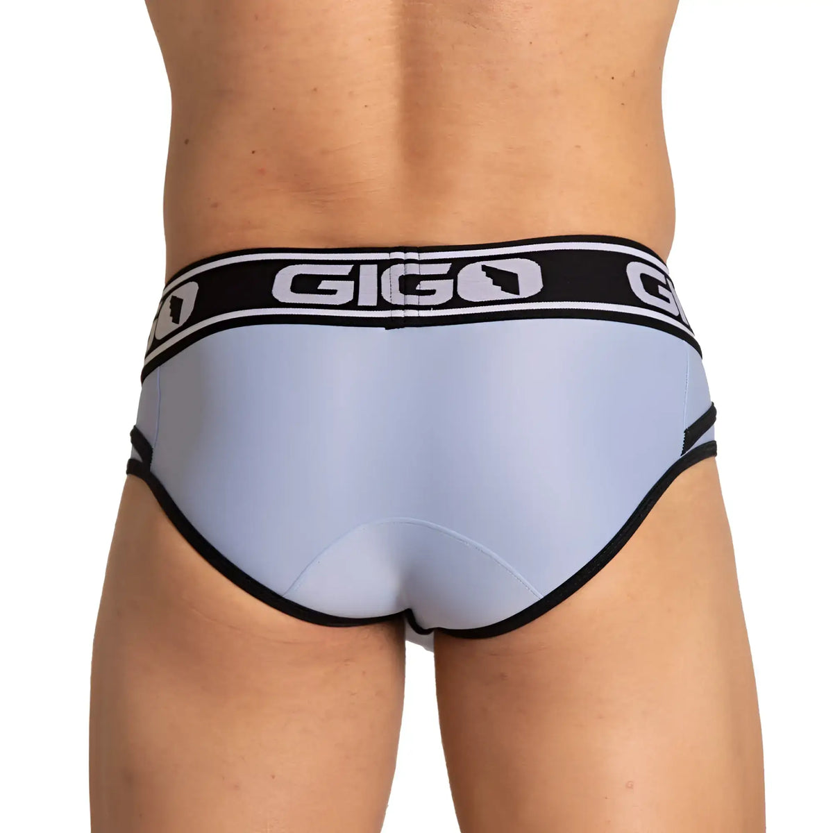 Light blue gigo style briefs with black trim and a bold logo waistband for comfortable everyday wear