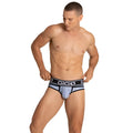 Light blue gigo style briefs with black trim and a bold logo waistband for comfortable everyday wear