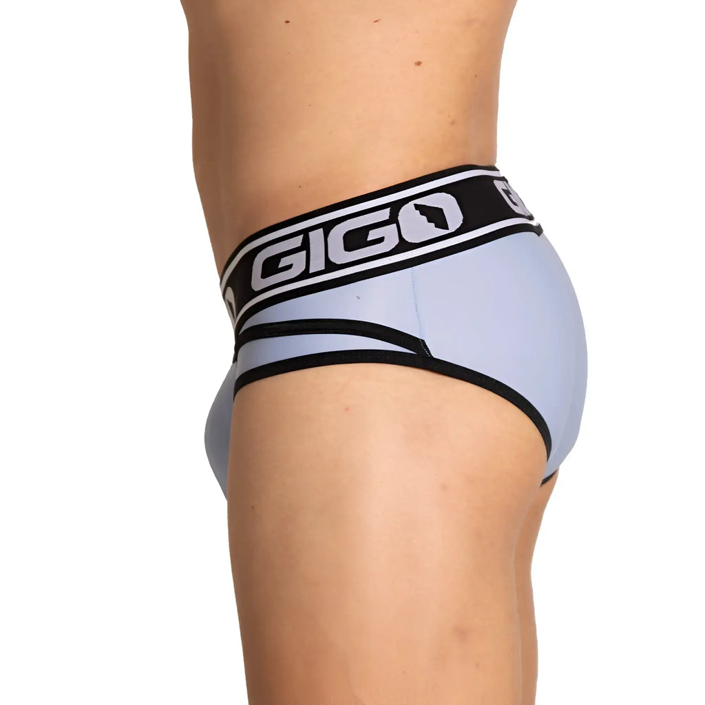 Light blue gigo style briefs with black trim and logo band for comfortable everyday wear