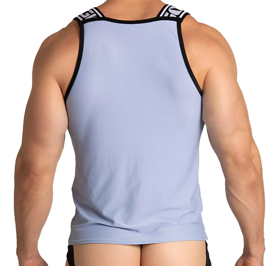 Light blue gigo style tank top with black trim and geometric logo pattern on shoulder straps ideal for athletics