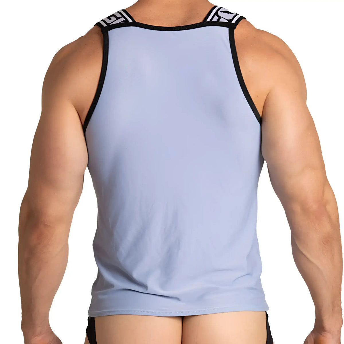 Light blue gigo style tank top with black trim and geometric logo pattern on shoulder straps ideal for athletics