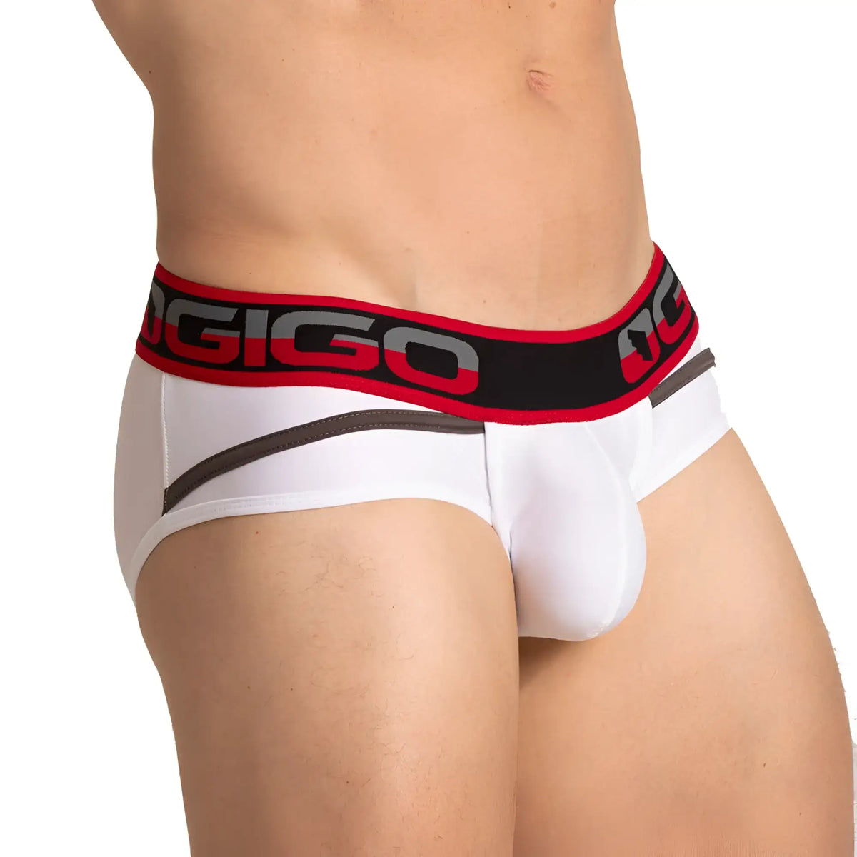 White menÃ¢â‚¬â„¢s briefs with bold red and black elastic waistband featuring ogigo logo gray lettering gigo style white brief