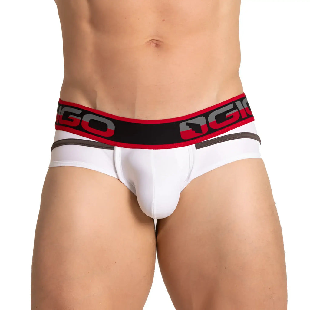 White menÃ¢â‚¬â„¢s briefs with a red and black ogio elastic waistband from the gigo style white brief collection