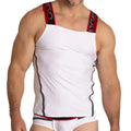Gigo style white menÃ¢â‚¬â„¢s tank top with red and black trim along straps sides and waistband in a breathable fabric