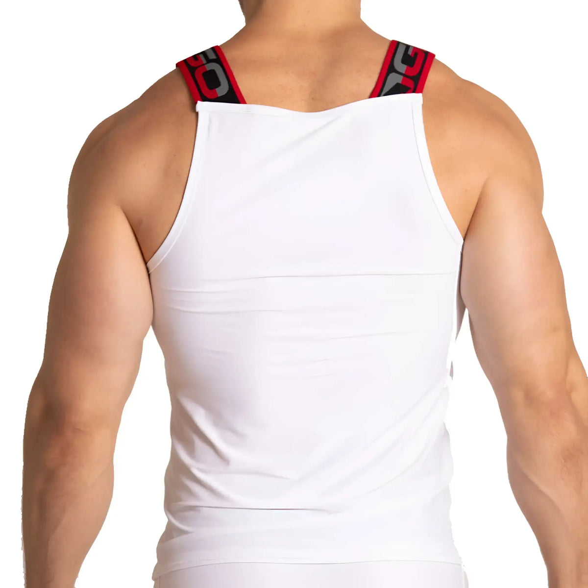 White athletic tank top gigo style with red and black branded shoulder straps for activewear use