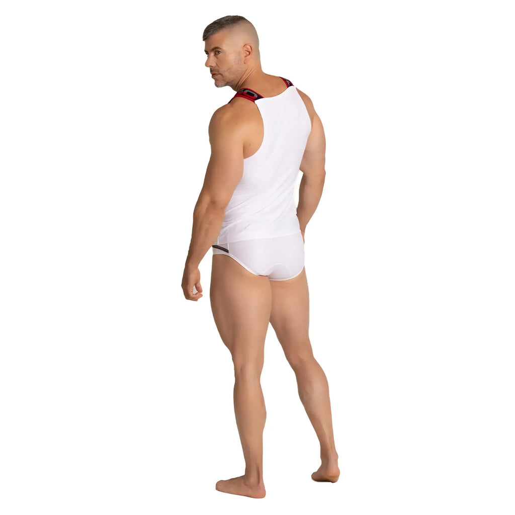 White sleeveless tank top with red and black trim on shoulder straps and waistband from Gigo Style