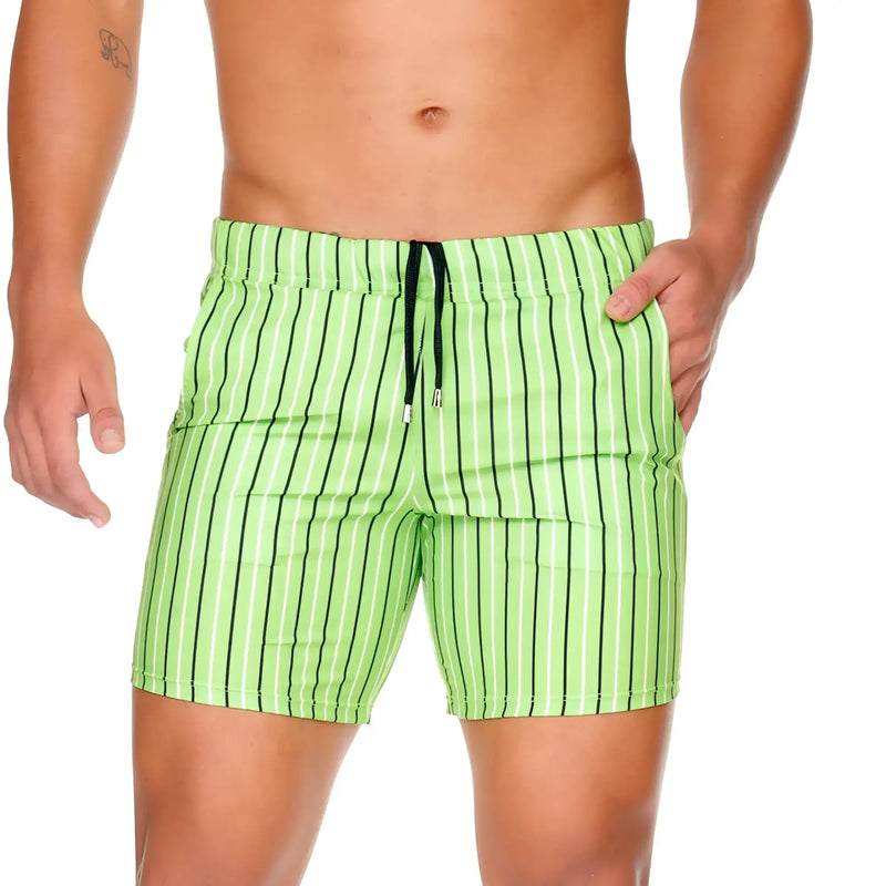 Gigo Sultan green beachwear bright lime green swim trunks with bold black vertical stripes and matching drawstring waistband