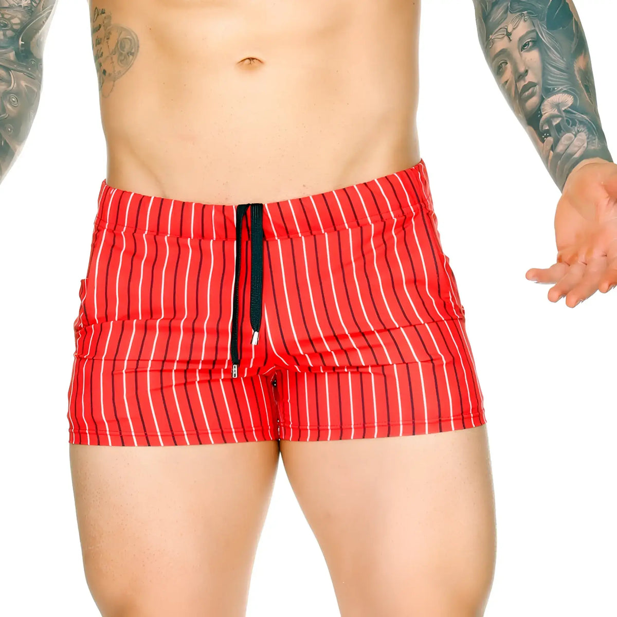 Red swim trunks with black vertical stripes and black drawstring waistband from Gigo Sultan beachwear collection